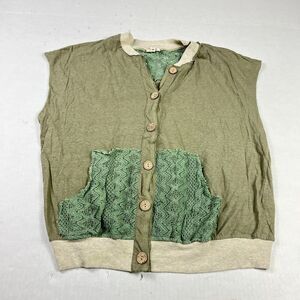 POL Womens Olive Button Front Knit Tank Top Medium Patch Pockets Boho Casual
